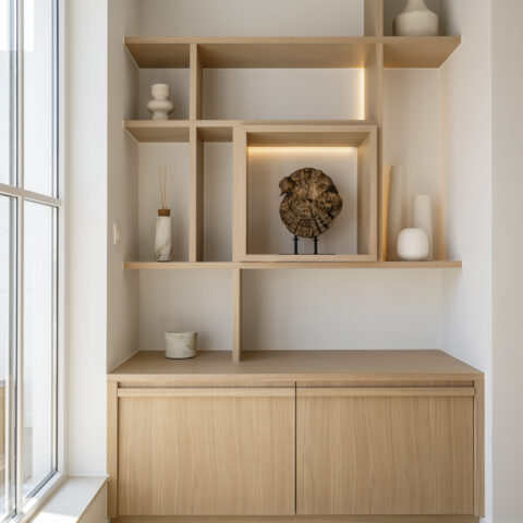Wandkast in lichte eik met asymmetrische open vakken, een verlichte nis en een lage kast met twee deuren.